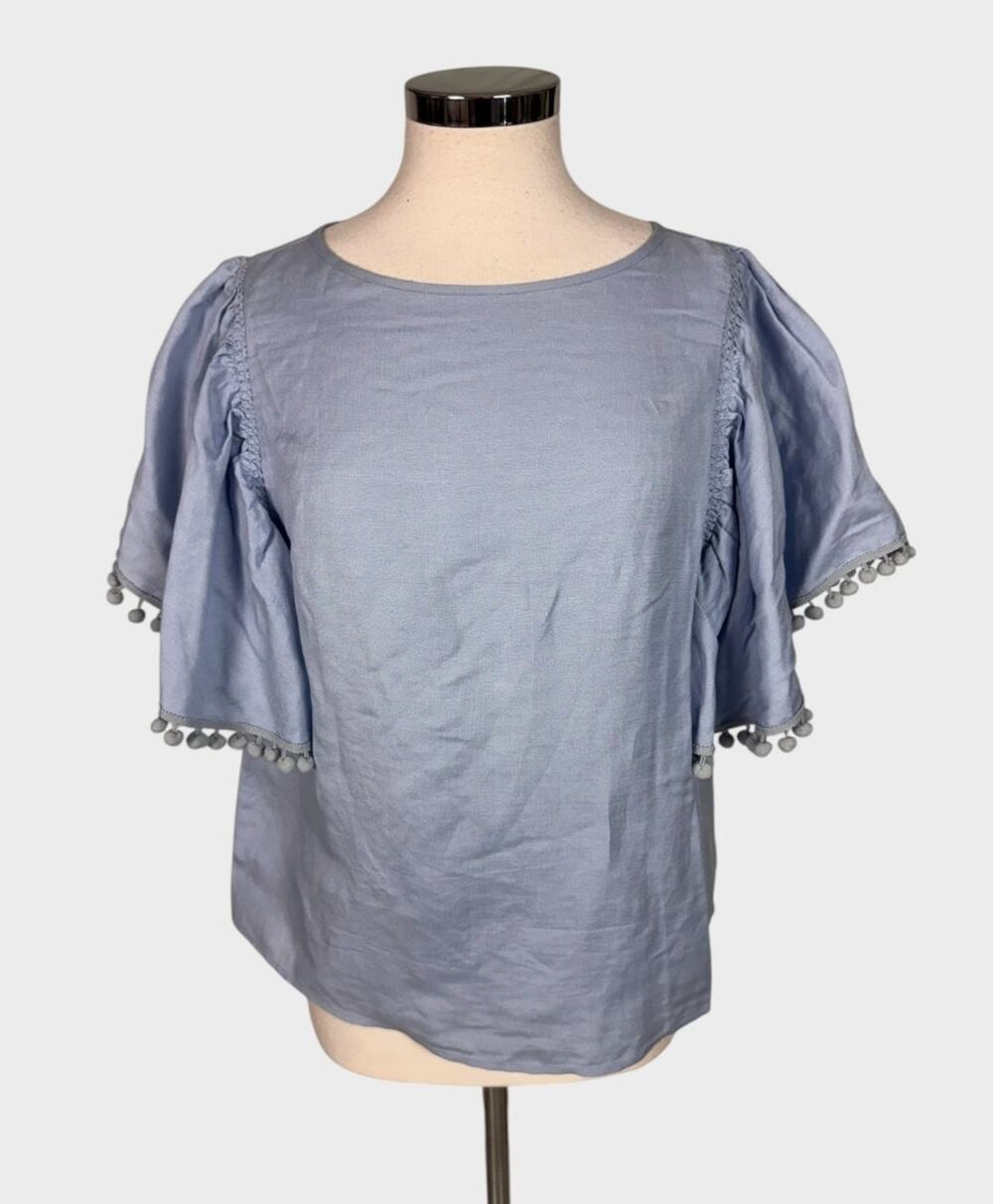 LOFT Outlet L Blue Linen Viscose Top Flutter Sleeve Pom Pom Details